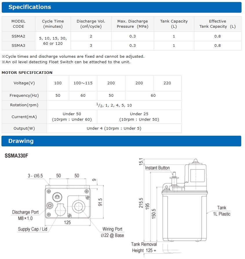 Thông số kỹ thuật máy bơm dầu tự động SSMA